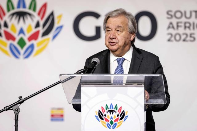 UN Secretary General Antonio Guterres speaks during a press conference at the Nasrec Expo Centre in Johannesburg on November 21, 2025, ahead of the G20 Leaders' Summit. (Photo by GIANLUIGI GUERCIA / AFP)
