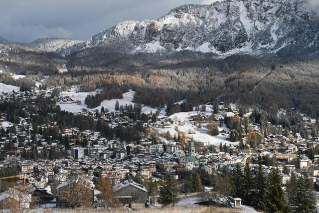 This photograph shows a general view of Cortina D'Ampezzo during the IBSF Bobsleigh and Skeleton World Cup ahead the Olympic Winter Games Milano Cortina 2026, on November 21, 2025. (Photo by Stefano RELLANDINI / AFP)