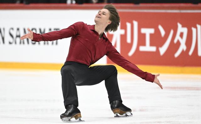 Deniss Vasiljevs of Latvia performs in the Men's Short Program of the figure skating ISU Grand Prix Finlandia Trophy Helsinki, Finland on November 21, 2025. (Photo by Heikki Saukkomaa / Lehtikuva / AFP) / Finland OUT