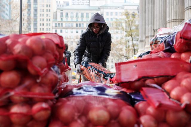A volunteer carries a bag of carrots during a Thanksgiving food distribution event outside of Brooklyn Borough Hall on November 21, 2025 in New York City. Fresh produce, non-perishables and other food items were handed out to 125 Brooklyn houses of worship, community kitchens and other community-based organizations addressing food insecurity and homelessness. (Photo by ANGELA WEISS / AFP)