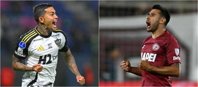 (COMBO) This combination of file pictures created on November 21, 2025 shows Atletico Mineiro's midfielder #92 Dudu after scoring his team's first goal during the Copa Sudamericana semifinal first leg football match between Ecuador's Independiente del Valle and Brazil's Atletico Mineiro at the Banco Guayaquil stadium in Quito on October 21, 2025, and Lanus' midfielder #11 Eduardo Salvio celebrating his team's first goal during the Copa Sudamericana semifinal second leg football match between Argentina's Lanus and Chile's Universidad de Chile at the Ciudad de Lanus stadium in Lanus, Buenos Aires province, on October 30, 2025. Argentina's Lanus and Brazil's Atletico Mineiro will meet on November 22, 2025 in Asuncion for the Copa Sudamericana final. (Photo by Rodrigo BUENDIA and Luis ROBAYO / AFP)