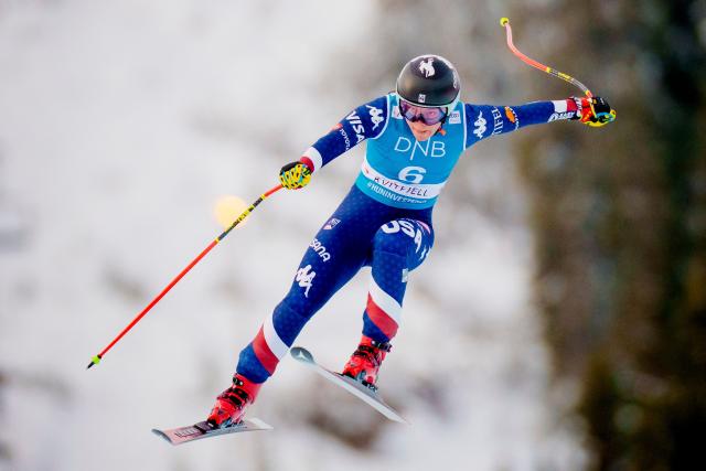 (FILES) Breezy Johnson from the USA competes in the Women's Downhill event at the FIS Ski World Cup in Kvitfjell, Norway on March 1, 2025. American Breezy Johnson, crowned world downhill champion last winter, expects the toughest race in history next February at the Olympic Games in Cortina d'Ampezzo, Italy. (Photo by Stian Lysberg Solum / NTB / AFP) / Norway OUT