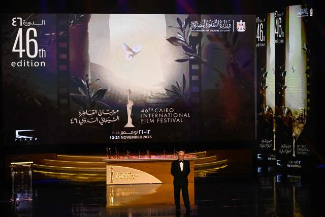 Egyptian actor and President of the Cairo International Film Festival (CIFF) Hussein Fahmy delivers a speech during the closing ceremony of the 46th Cairo International Film Festival in Cairo on November 21, 2025. (Photo by Khaled DESOUKI / AFP)