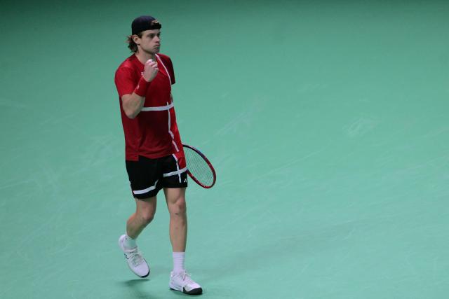 Belgium's Zizou Bergs reacts after a point during his 2025 Davis Cup semi-final single tennis match between Italy and Belgium at the Super Tennis Arena in Bologna, northen Italy, on November 21, 2025. (Photo by Tiziana FABI / AFP)