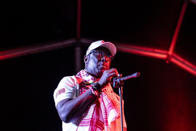 Prime Minister Braima Camara addresses supporters during the final campaign rally of Guinea-Bissau's President and presidential candidate Umaro Sissoco Embalo, ahead of general elections, in Bissau, on November 21, 2025. Guinea-Bissau votes in general elections on November 23, 2025. (Photo by PATRICK MEINHARDT / AFP)