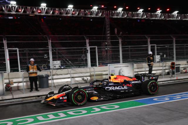 Red Bull Racing's Japanese driver Yuki Tsunoda drives in pit lane	during the third practice session for the Las Vegas Formula One Grand Prix at the Las Vegas Strip Circuit in Las Vegas, Nevada, on November 21, 2025. (Photo by Patrick T. Fallon / AFP)