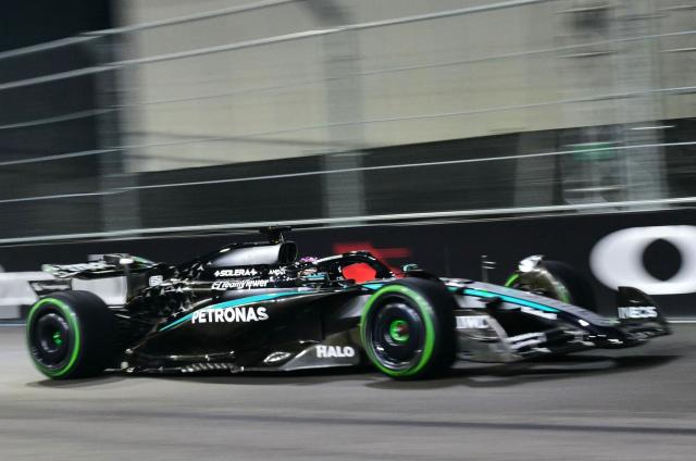 Mercedes' British driver George Russell races during the third practice session for the Las Vegas Formula One Grand Prix at the Las Vegas Strip Circuit in Las Vegas, Nevada, on November 21, 2025. (Photo by Frederic J. Brown / AFP)