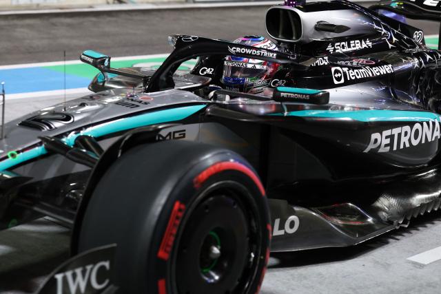Mercedes' Italian driver Kimi Antonelli drives in pit lane during the third practice session for the Las Vegas Formula One Grand Prix at the Las Vegas Strip Circuit in Las Vegas, Nevada, on November 21, 2025. (Photo by Patrick T. Fallon / AFP)