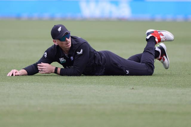 New Zealand’s Michael Bracewell fields during the third one-day international cricket match between New Zealand and West Indies played at Seddon Park in Hamilton on November 22, 2025. (Photo by Michael Bradley / AFP)