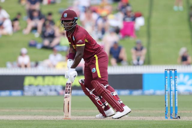 West Indies Sherfane Rutherford bats during the third one-day international cricket match between New Zealand and West Indies played at Seddon Park in Hamilton on November 22, 2025. (Photo by Michael Bradley / AFP)