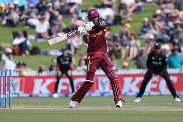 West Indies Shamar Springer bats during the third one-day international cricket match between New Zealand and West Indies played at Seddon Park in Hamilton on November 22, 2025. (Photo by Michael Bradley / AFP)