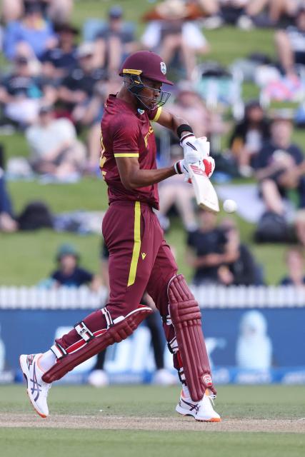 West Indies Roston Chase bats during the third one-day international cricket match between New Zealand and West Indies played at Seddon Park in Hamilton on November 22, 2025. (Photo by Michael Bradley / AFP)