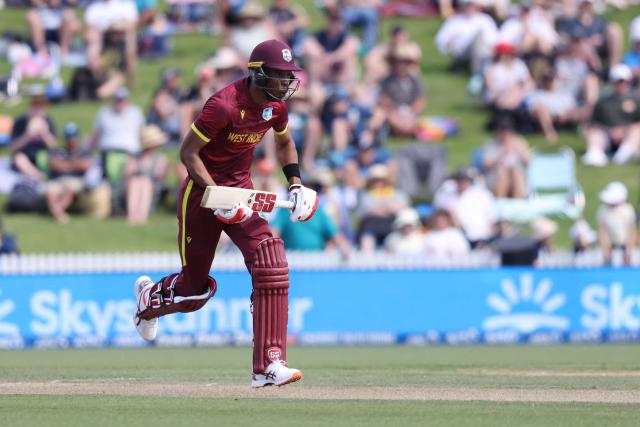 West Indies Roston Chase makes a run during the third one-day international cricket match between New Zealand and West Indies played at Seddon Park in Hamilton on November 22, 2025. (Photo by Michael Bradley / AFP)