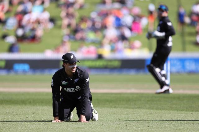 New Zealand’s Mark Chapman looks on during the third one-day international cricket match between New Zealand and West Indies played at Seddon Park in Hamilton on November 22, 2025. (Photo by Michael Bradley / AFP)