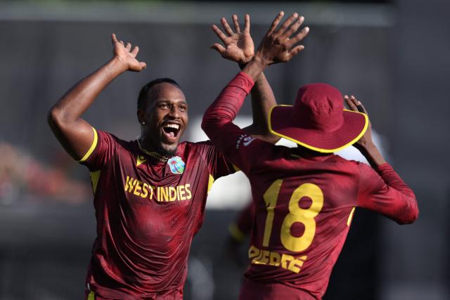 West Indies Matthew Forde celebrates the wicket of New Zealand’s Will Young during the third one-day international cricket match between New Zealand and West Indies played at Seddon Park in Hamilton on November 22, 2025. (Photo by Michael Bradley / AFP)