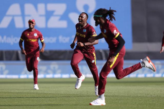 West Indies Matthew Forde celebrates the wicket of New Zealand’s Will Young during the third one-day international cricket match between New Zealand and West Indies played at Seddon Park in Hamilton on November 22, 2025. (Photo by Michael Bradley / AFP)