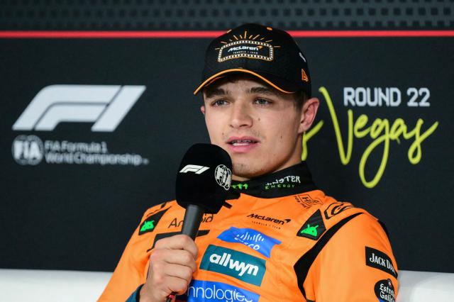 McLaren's British driver Lando Norris speaks during a press conference after winning the pole position during the qualifying session for the Las Vegas Formula One Grand Prix at the Las Vegas Strip Circuit in Las Vegas, Nevada, on November 21, 2025. (Photo by Frederic J. Brown / AFP)