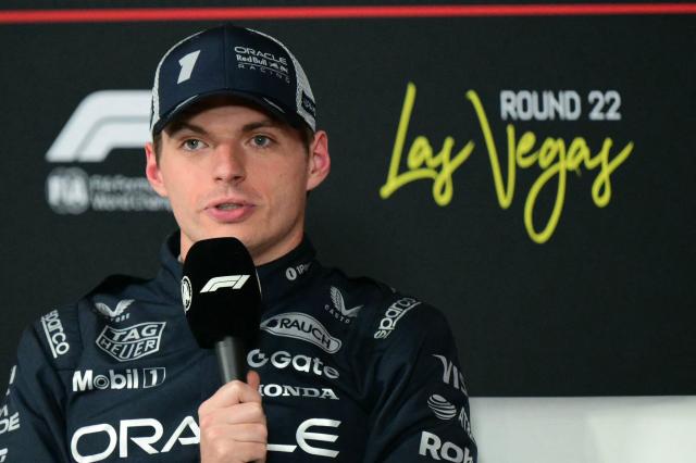 Red Bull Racing's Dutch driver Max Verstappen speaks during a press conference after finishing second in the qualifying session for the Las Vegas Formula One Grand Prix at the Las Vegas Strip Circuit in Las Vegas, Nevada, on November 21, 2025. (Photo by Frederic J. Brown / AFP)