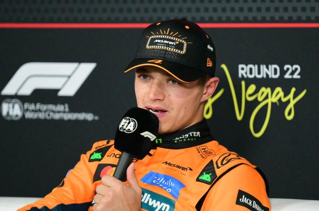 McLaren's British driver Lando Norris speaks during a press conference after winning the pole position in the qualifying session for the Las Vegas Formula One Grand Prix at the Las Vegas Strip Circuit in Las Vegas, Nevada, on November 21, 2025. (Photo by Frederic J. Brown / AFP)