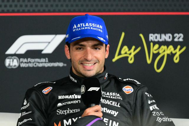 Williams' Spanish driver Carlos Sainz speaks during a press conference after finishing third in the qualifying session for the Las Vegas Formula One Grand Prix at the Las Vegas Strip Circuit in Las Vegas, Nevada, on November 21, 2025. (Photo by Frederic J. Brown / AFP)