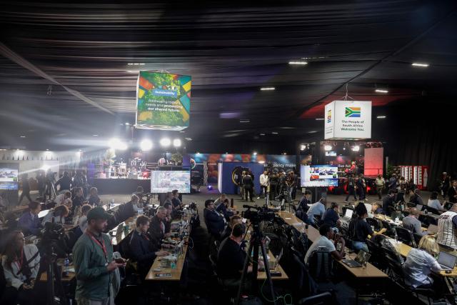 A general view of the media centre ahead of the opening of the G20 Leaders' Summit at the Nasrec Expo Centre in Johannesburg on November 22, 2025. (Photo by GIANLUIGI GUERCIA / AFP)
