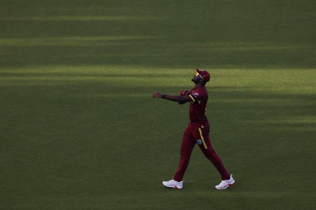 West Indies' Jayden Seales looks on during the third one-day international cricket match between New Zealand and West Indies played at Seddon Park in Hamilton on November 22, 2025. (Photo by Michael Bradley / AFP)