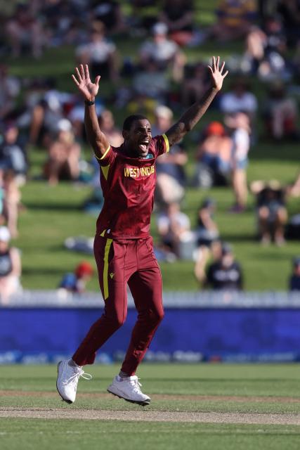 West Indies' Justin Greaves reacts in an unsuccessful appeal during the third one-day international cricket match between New Zealand and West Indies played at Seddon Park in Hamilton on November 22, 2025. (Photo by Michael Bradley / AFP)