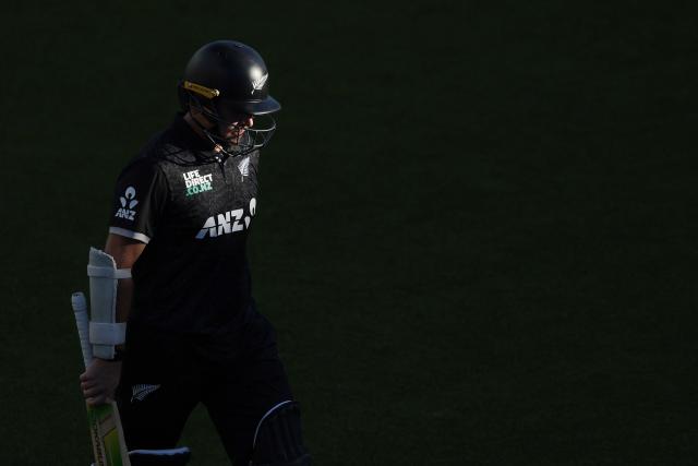 New Zealand’s Tom Latham is dismissed during the third one-day international cricket match between New Zealand and West Indies played at Seddon Park in Hamilton on November 22, 2025. (Photo by Michael Bradley / AFP)