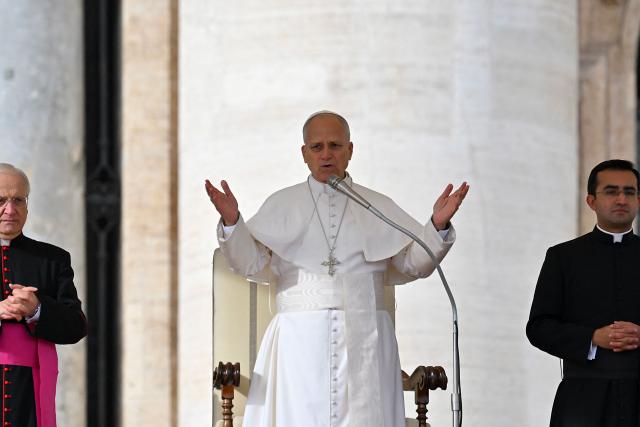 Pope Leo XIV gives a speech during the audience of Jubilee of Choirs and Choral Society in St. Peter's Square, in the Vatican on November 22, 2025. (Photo by Andreas SOLARO / AFP)