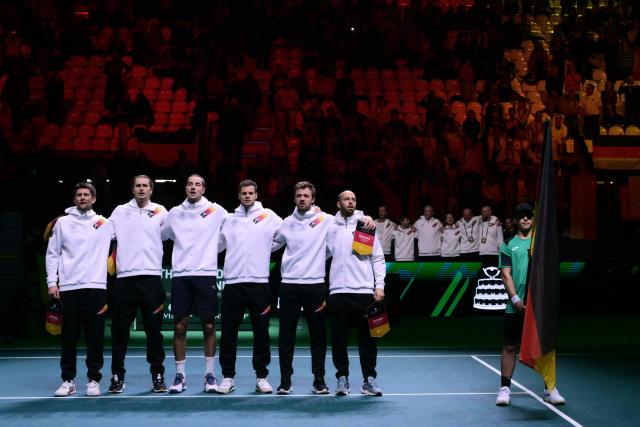 Germany's team poses ahead of the 2025 Davis Cup semi-finals against Spain at the Super Tennis Arena in Bologna, northen Italy, on November 22, 2025. (Photo by Tiziana FABI / AFP)