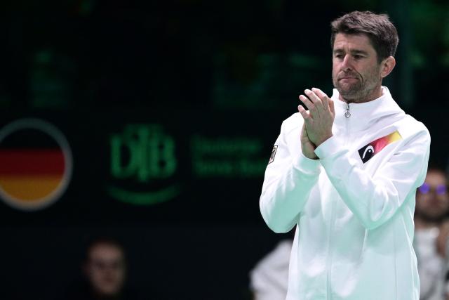 Germany's captain Michael Kohlmann reacts during the 2025 Davis Cup semi-final single tennis match between Germany's Jan-Lennard Struff and Spain's Pablo Carreno Busta at the Super Tennis Arena in Bologna, northen Italy, on November 22, 2025. (Photo by Tiziana FABI / AFP)