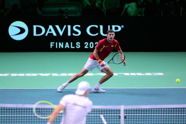 Spain's Pablo Carreno Busta plays against Germany's Jan-Lennard Struff during their 2025 Davis Cup semi-final single tennis match at the Super Tennis Arena in Bologna, northen Italy, on November 22, 2025. (Photo by Tiziana FABI / AFP)