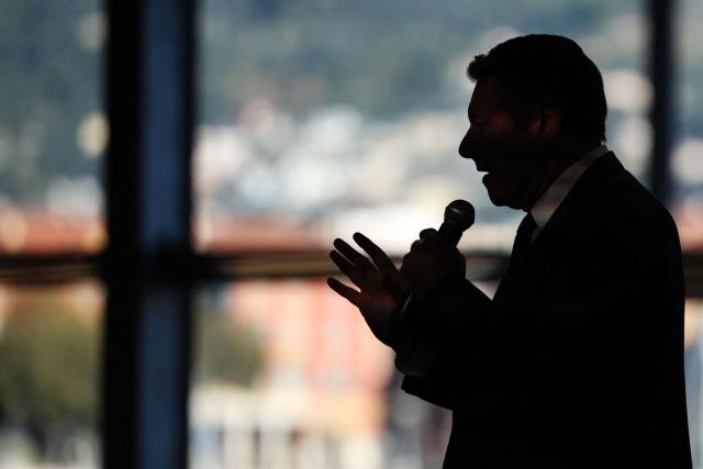 Vice-president for French right wing party Horizons and Nice's mayor Christian Estrosi delivers a speech during a meeting to launch his campaign for the 2026 French Municipal Elections, in Nice, southeastern France, on November 22, 2025. (Photo by Valery HACHE / AFP)