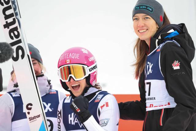 (LtoR) Canada's Abigail Strate and Canada's Nicole Maurer react after the second run of the Women's Large Hill HS140 competition of the FIS Ski Jumping World Cup in Lillehammer, Norway on November 22, 2025. (Photo by Geir Olsen / NTB / AFP) / Norway OUT