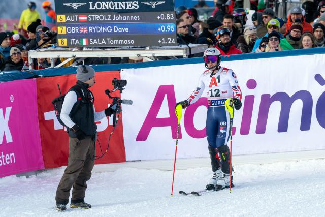 Britain's Dave Ryding reacts after the second run of the men's slalom event of the FIS Alpine Skiing World Cup in Gurgl, Austria on November 22, 2025. (Photo by Johann GRODER / various sources / AFP) / Austria OUT