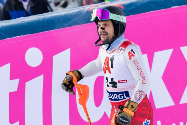 Bulgaria's Albert Popov reacts after the second run of the men's slalom event of the FIS Alpine Skiing World Cup in Gurgl, Austria on November 22, 2025. (Photo by Johann GRODER / various sources / AFP) / Austria OUT