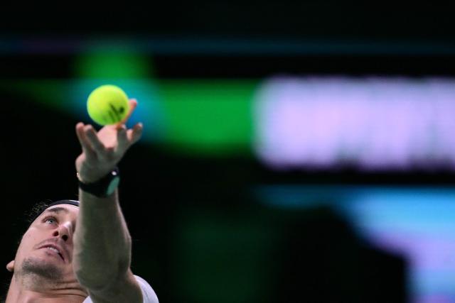 Germany's Alexander Zverev serves to Spain's Jaume Munar during their 2025 Davis Cup semi-final single tennis match at the Super Tennis Arena in Bologna, northen Italy, on November 22, 2025. (Photo by Tiziana FABI / AFP)