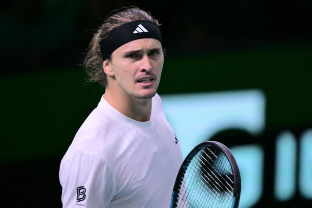 Germany's Alexander Zverev reacts after a point as he plays against Spain's Jaume Munar during their 2025 Davis Cup semi-final single tennis match at the Super Tennis Arena in Bologna, northen Italy, on November 22, 2025. (Photo by Tiziana FABI / AFP)