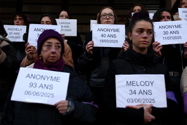 Protesters display the names of victims of femicide during the International Day for the Elimination of Violence Against Women in Bordeaux, south-western France, on November 22, 2025. (Photo by ROMAIN PERROCHEAU / AFP)