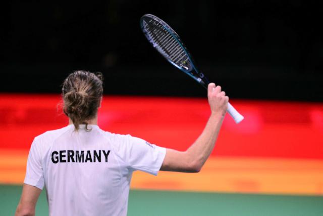 Germany's Alexander Zverev reacts after winning over Spain's Jaume Munar at the end of their 2025 Davis Cup semi-final single tennis match at the Super Tennis Arena in Bologna, northen Italy, on November 22, 2025. (Photo by Tiziana FABI / AFP)