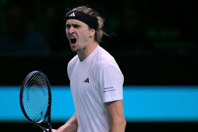 Germany's Alexander Zverev celebrates his victory over Spain's Jaume Munar at the end of their 2025 Davis Cup semi-final single tennis match at the Super Tennis Arena in Bologna, northen Italy, on November 22, 2025. (Photo by Tiziana FABI / AFP)