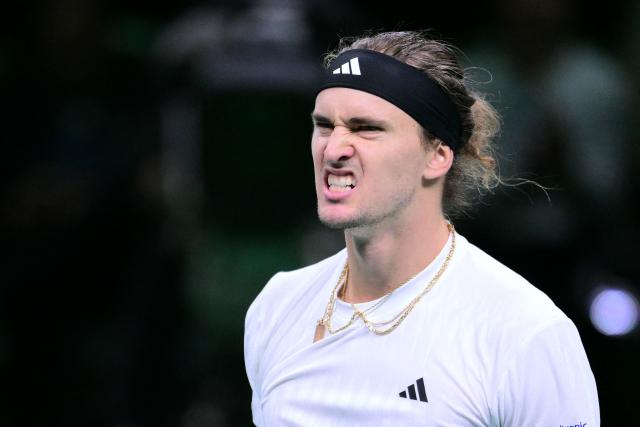 Germany's Alexander Zverev reacts as he plays against Spain's Jaume Munar at the end of their 2025 Davis Cup semi-final single tennis match at the Super Tennis Arena in Bologna, northen Italy, on November 22, 2025. (Photo by Tiziana FABI / AFP)