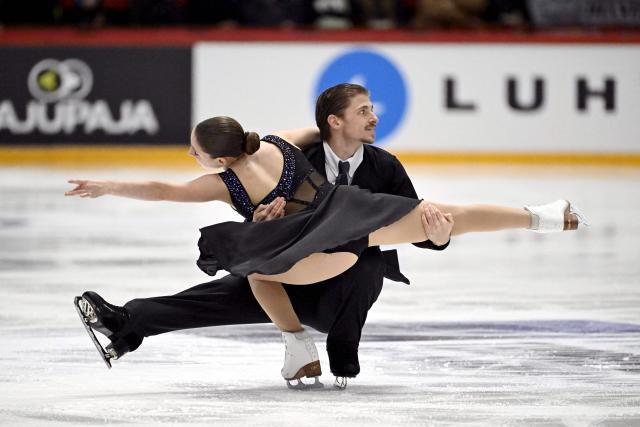 Oona Brown and Gage Brown of USA perform in the free dance of the ice dance during the ISU Grand Prix of Figure Skating Finlandia Trophy in Helsinki, Finland on November 22, 2025. (Photo by Mikko Stig / Lehtikuva / AFP) / Finland OUT