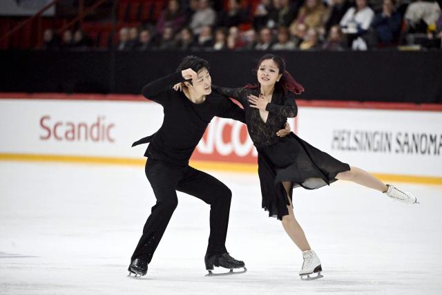 US' Maia Shibutani and Alex Shibutani perform in the Ice Dance Free Dance competition during the ISU Grand Prix of Figure Skating Finlandia Trophy in Helsinki, Finland on November 22, 2025. (Photo by Mikko Stig / Lehtikuva / AFP) / Finland OUT