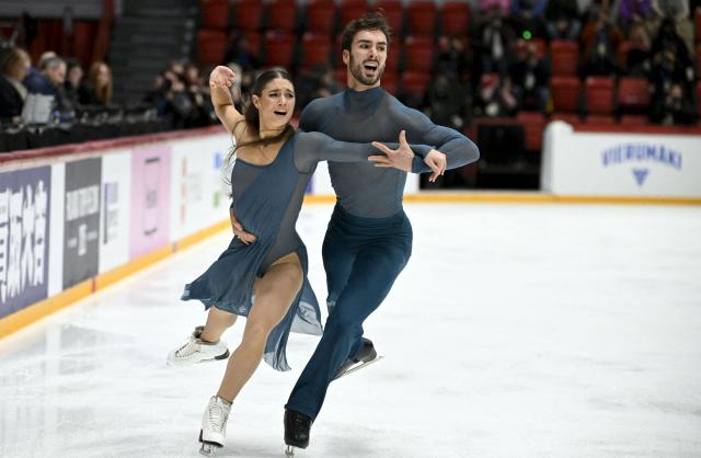 France's Laurence Fournier Beaudry and Guillaume Cizeron perform in the Ice Dance Free Dance competition during the ISU Grand Prix of Figure Skating Finlandia Trophy in Helsinki, Finland on November 22, 2025. (Photo by Mikko Stig / Lehtikuva / AFP) / Finland OUT