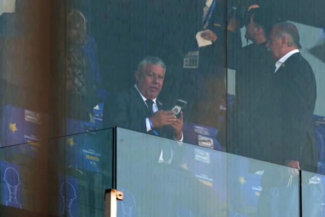 The president of the Argentine Football Association (AFA) Claudio Tapia waits for the start of the Copa Sudamericana final football match between Argentina's Lanus and Brazil's Atletico Mineiro at the Defensores del Chaco stadium in Asuncion on November 22, 2025. (Photo by JUAN MABROMATA / AFP)