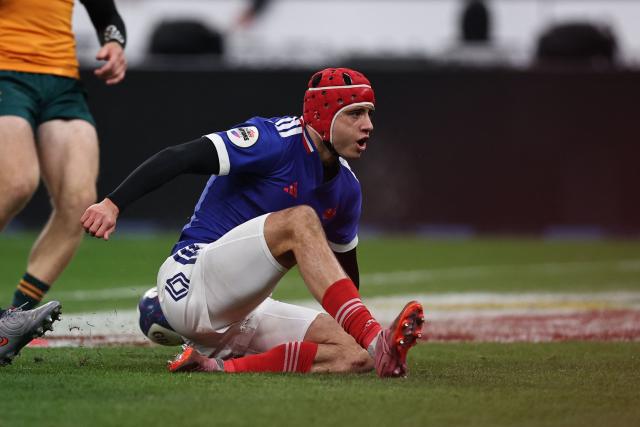 France's wing #11 Louis Bielle-Biarrey reacts as he scores a try  during the Autumn Nations Series international rugby union test match between France and Australia at the Stade de France in Saint-Denis, north of Paris, on November 22, 2025. (Photo by Anne-Christine POUJOULAT / AFP)