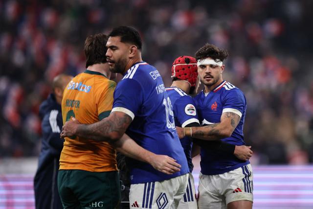 (From L) Australia's flanker #06 Tom Hooper, France's lock#19 Romain Taofifenua, France's wing #11 Louis Bielle-Biarrey and France's fly-half #10 Romain Ntamack react after France won the  Autumn Nations Series international rugby union test match between France and Australia at the Stade de France in Saint-Denis, north of Paris, on November 22, 2025. (Photo by Anne-Christine POUJOULAT / AFP)