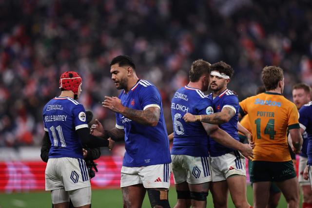 (From L) France's wing #11 Louis Bielle-Biarrey, France's lock#19 Romain Taofifenua, France's flanker #06 Anthony Jelonch and France's fly-half #10 Romain Ntamack react after winning the  Autumn Nations Series international rugby union test match between France and Australia at the Stade de France in Saint-Denis, north of Paris, on November 22, 2025. (Photo by Anne-Christine POUJOULAT / AFP)