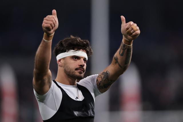 France's fly-half #10 Romain Ntamack reacts after winning the  Autumn Nations Series international rugby union test match between France and Australia at the Stade de France in Saint-Denis, north of Paris, on November 22, 2025. (Photo by Anne-Christine POUJOULAT / AFP)